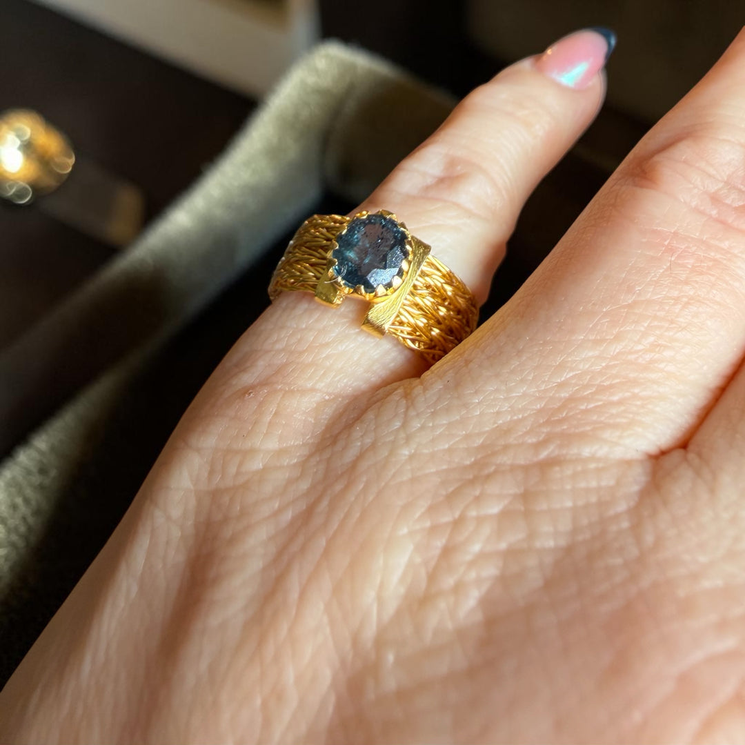 One-of-a-Kind Sapphire Statement Ring – Handmade 18K Gold Plated Sterling Silver Woven Band