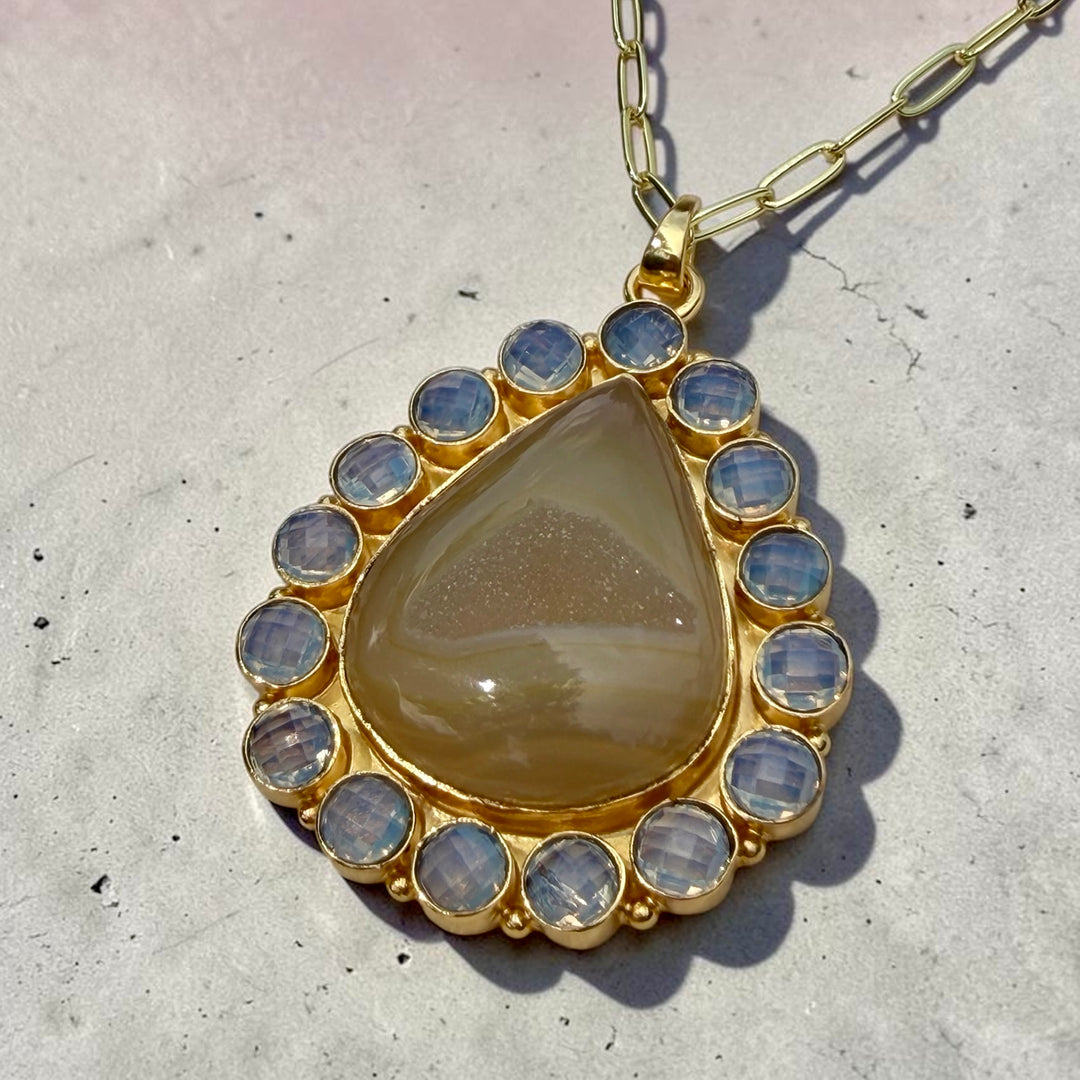 Solar Bloom Champagne Agate Druzy & Moonstone Pendant Necklace