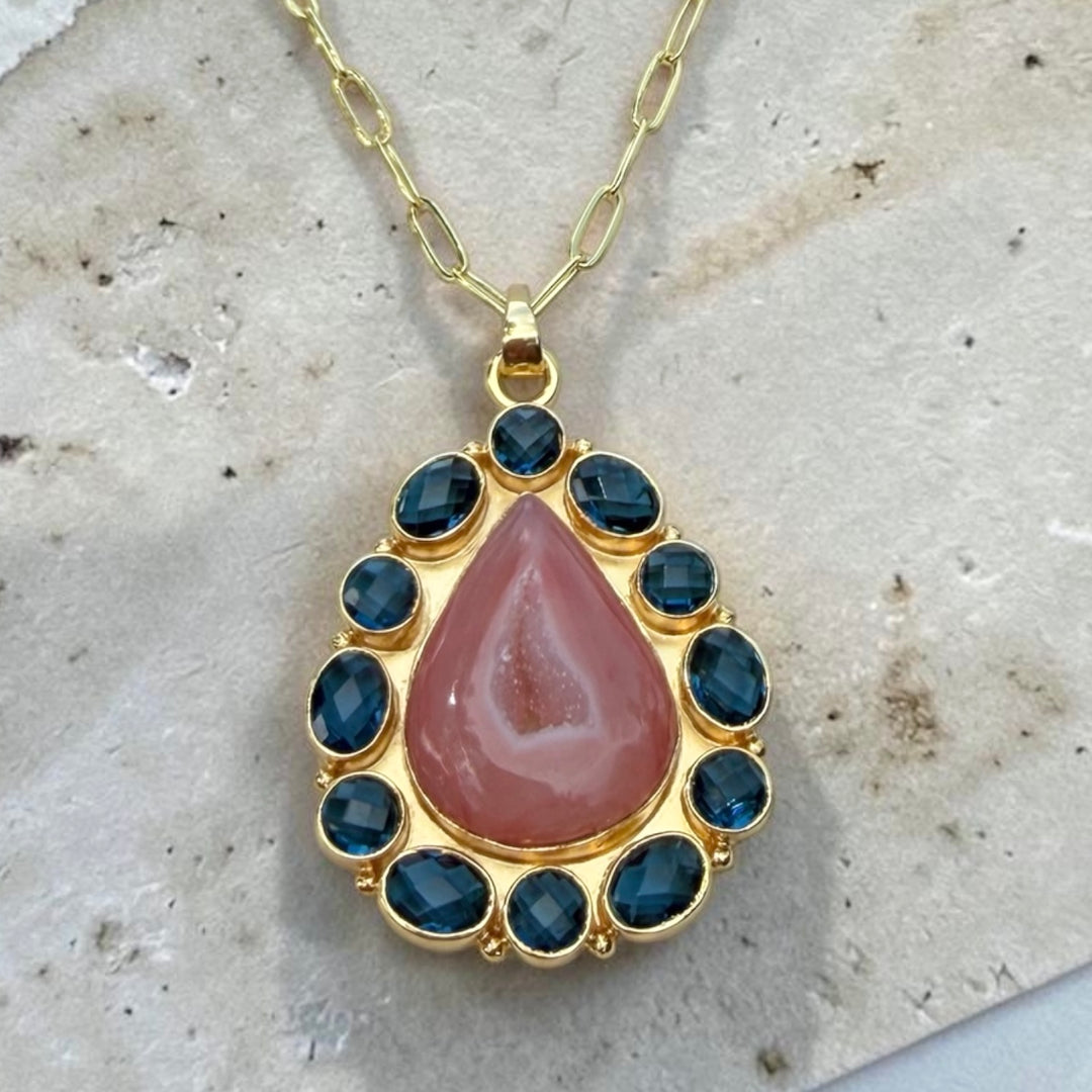 Solar Bloom / Peach Agate Druzy & Blue Topaz Pendant