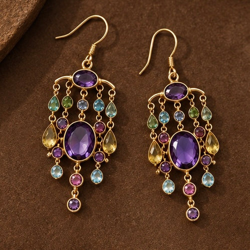 Zarif Amethyst & Mixed Gemstone Chandelier Earrings