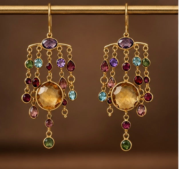 Zarif Natural Gemstone Chandelier Earrings