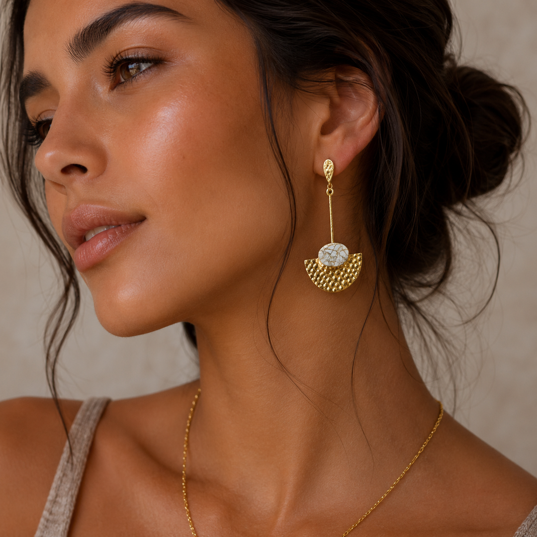 Hammered Mojave Drop Earrings  White Howlite or Ruby Mojave | 18k Gold Plated