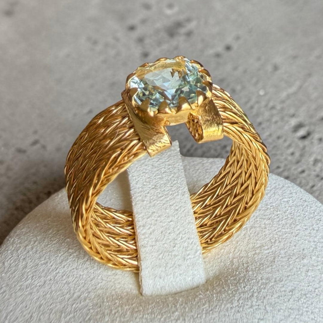 Aquamarine Statement Ring – Handmade Woven Chain 18K Gold Plated Sterling Silver