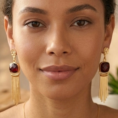 Cosmic Flame Earrings – Gold Statement with Natural Gemstones | Labradorite, Moonstone, Obsidian, Garnet