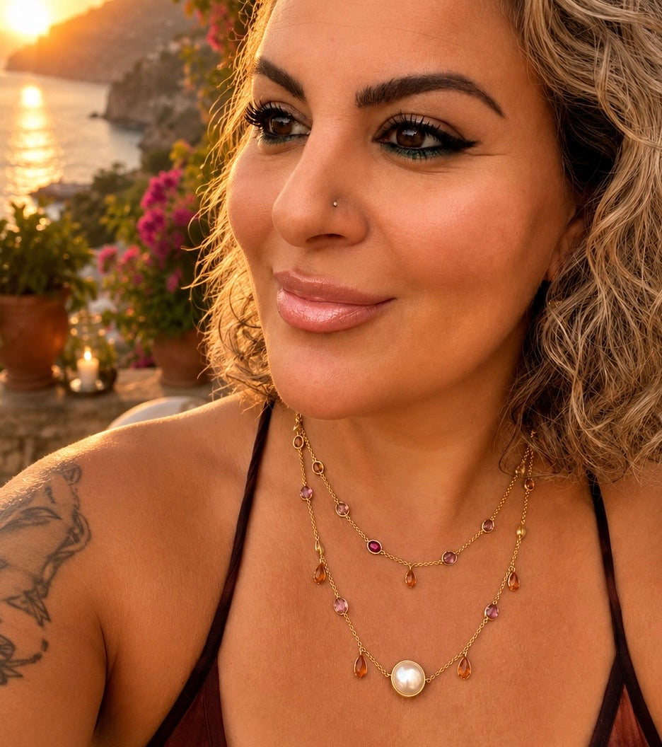 Handcrafted colourful Tourmaline necklace with a large statement Pearl and two delicate gold chains