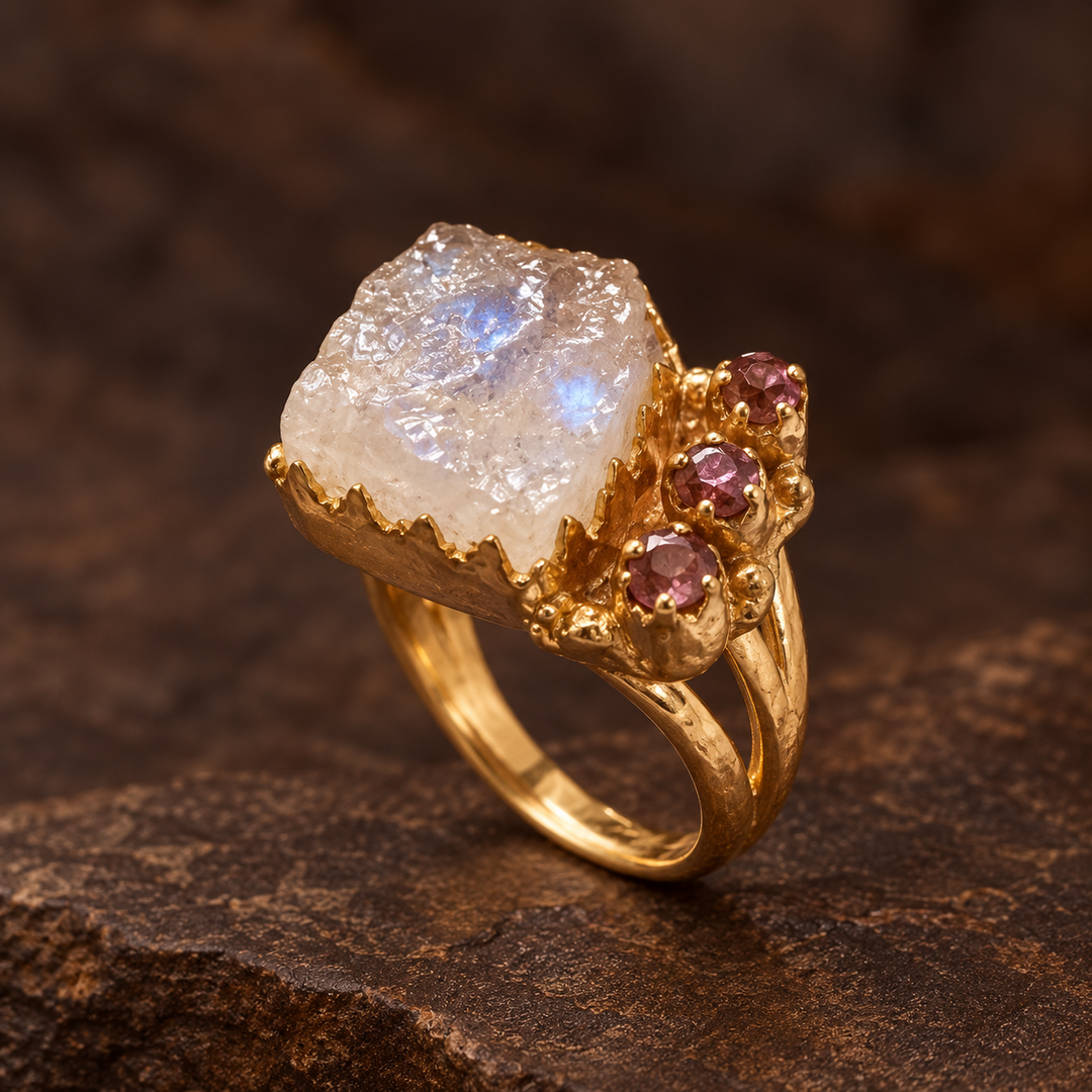 Moonlight Reverie Moonstone & Ruby Ring