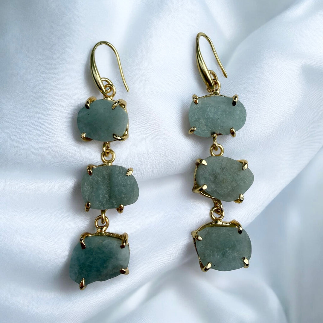 Three Tier Raw Crystal Drop Earrings
Moonstone Rose Quartz and
Aquamarine