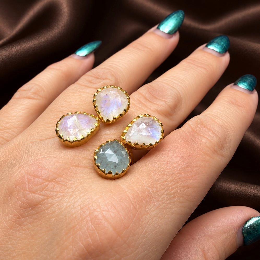 Lunar Butterfly Ring | Rainbow Moonstone & Aquamarine