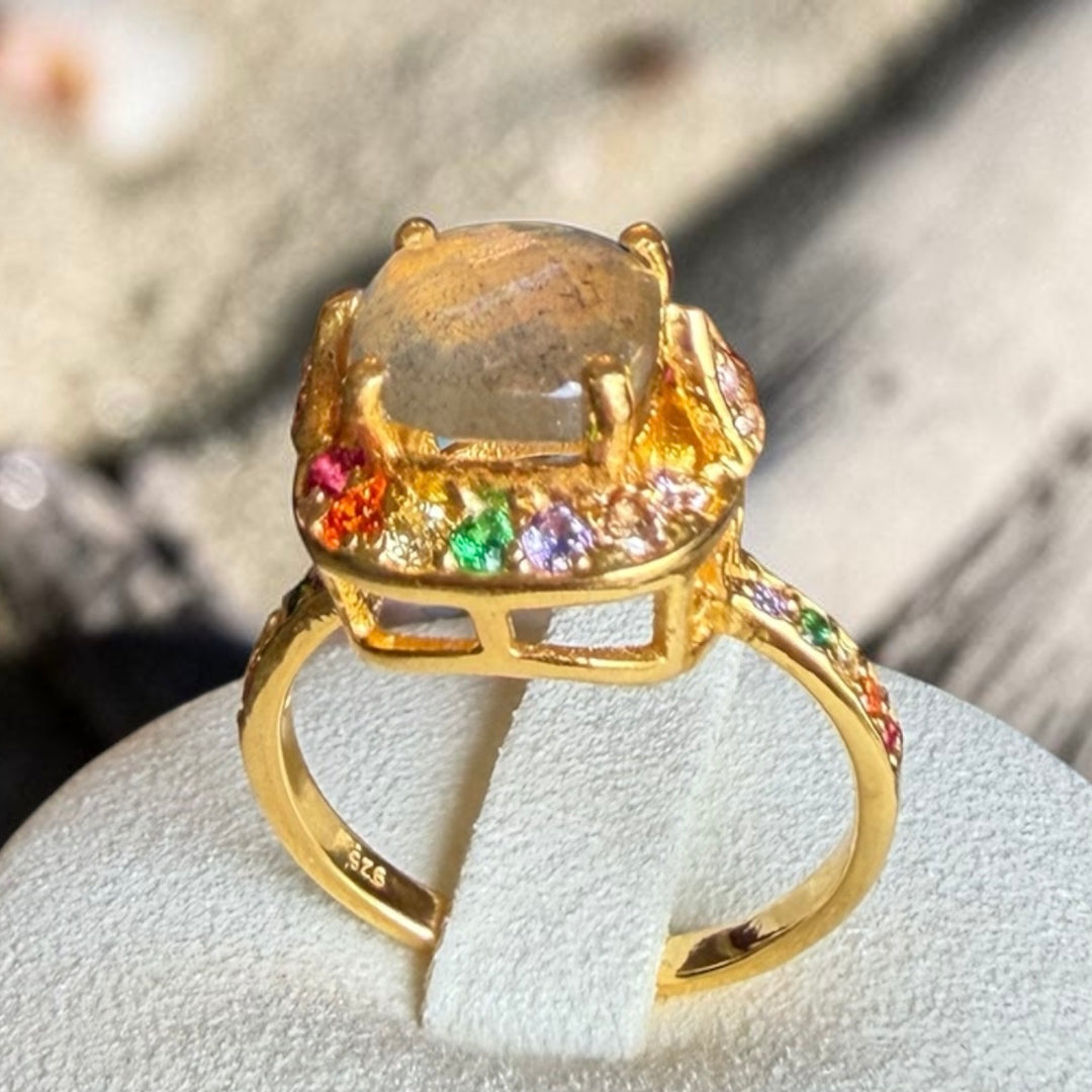 One-of-a-Kind Labradorite Treasure Box Ring – Gold Multicolour Gemstone Statement Ring