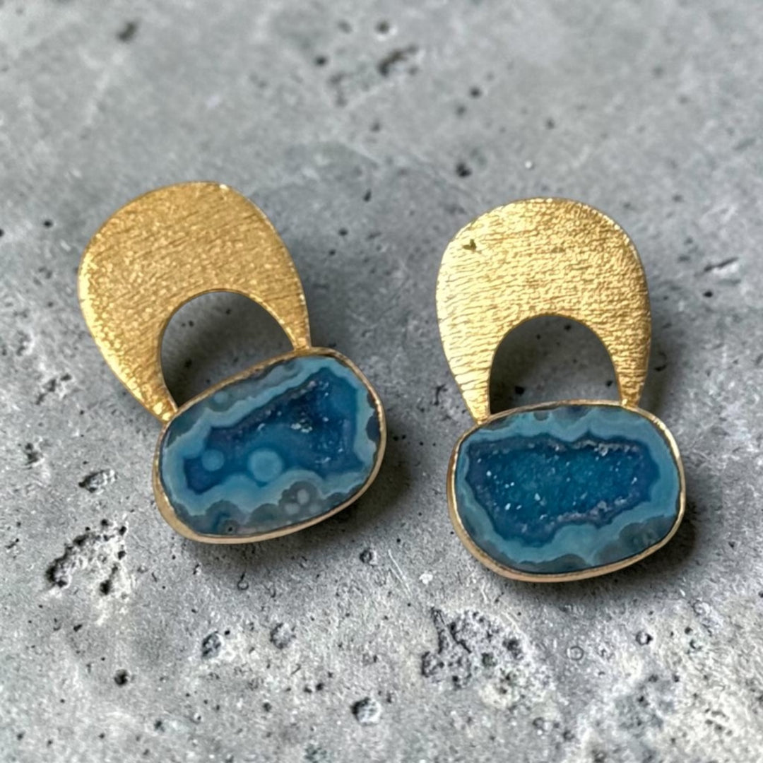 Temple Druzy Earrings in Blue, Pink, Black & White | 18k Gold Plated Statement Earrings