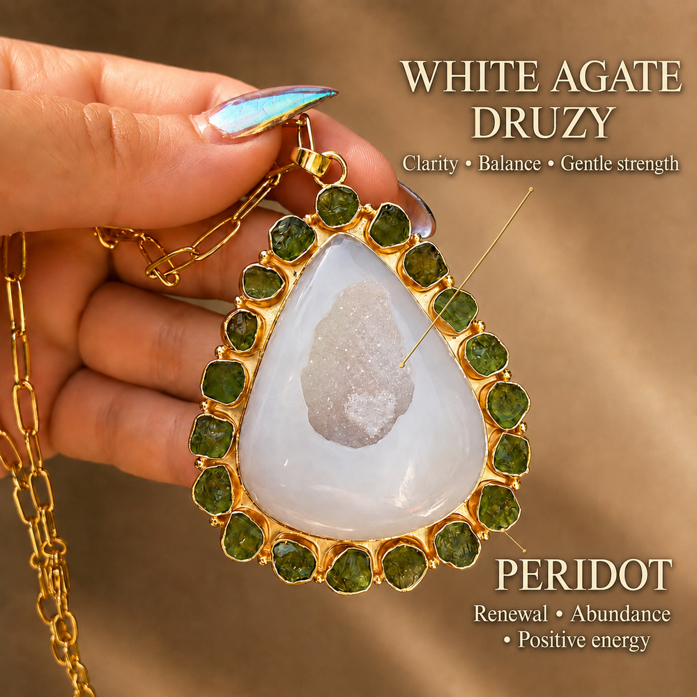 Handcrafted white agate druzy pendant surrounded by natural green peridot gemstones