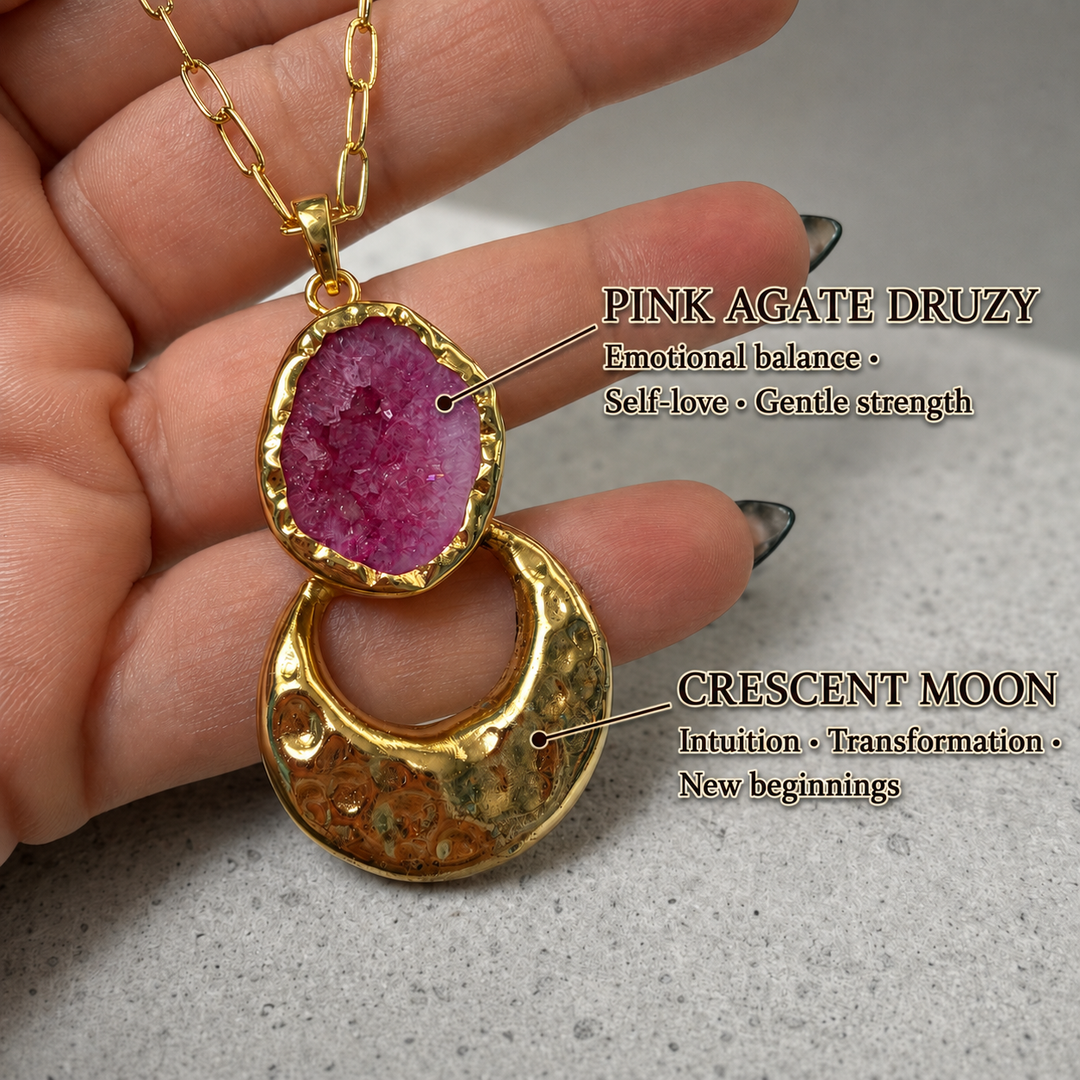Handcrafted pink druzy gemstone and hammered gold crescent pendant by DanAmara
