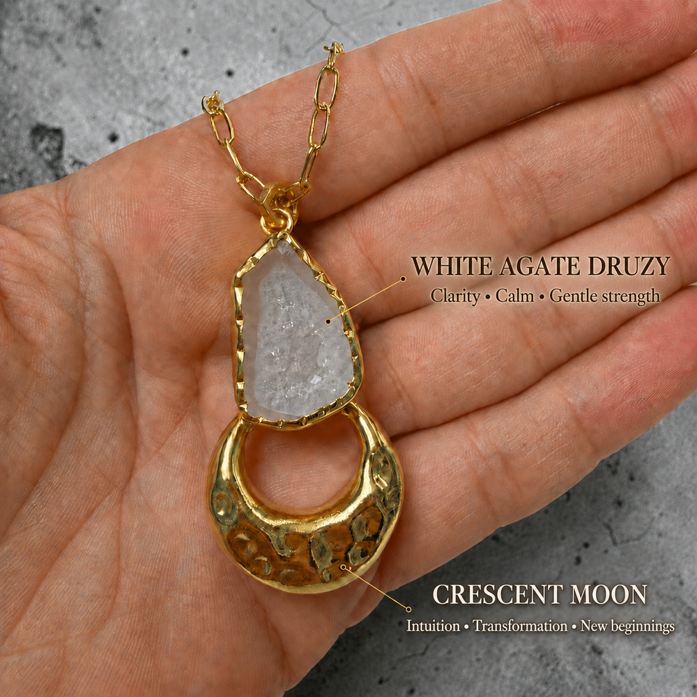 Luxury white agate gemstone crescent moon pendant necklace for women