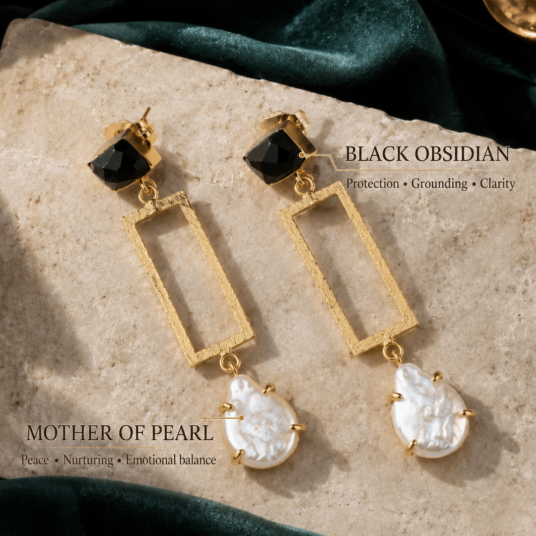 Noir Serenity Black Obsidian and Mother of Pearl gold statement earrings by DanAmara Jewellery