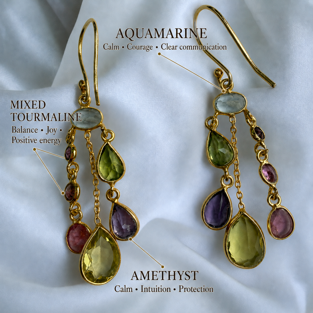 Golden Cascade mixed tourmaline, aquamarine and amethyst earrings by DanAmara Jewellery