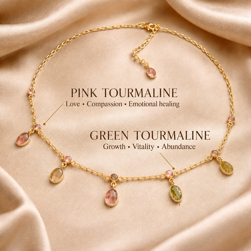 Pastel pink and green natural Tourmaline drop necklace in 18K gold-plated sterling silver by DanAmara Jewellery