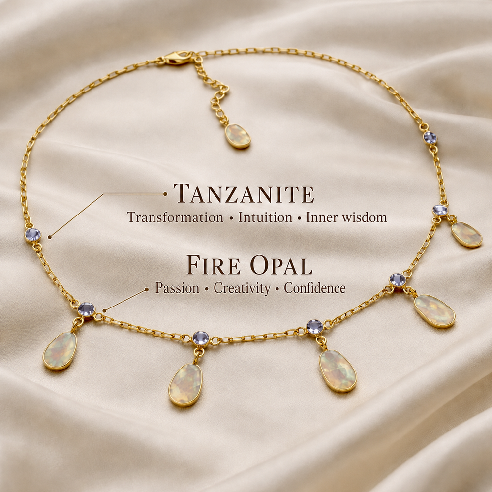 Celestial Glow Tanzanite and natural Fire Opal drop necklace in 18K gold-plated sterling silver by DanAmara Jewellery