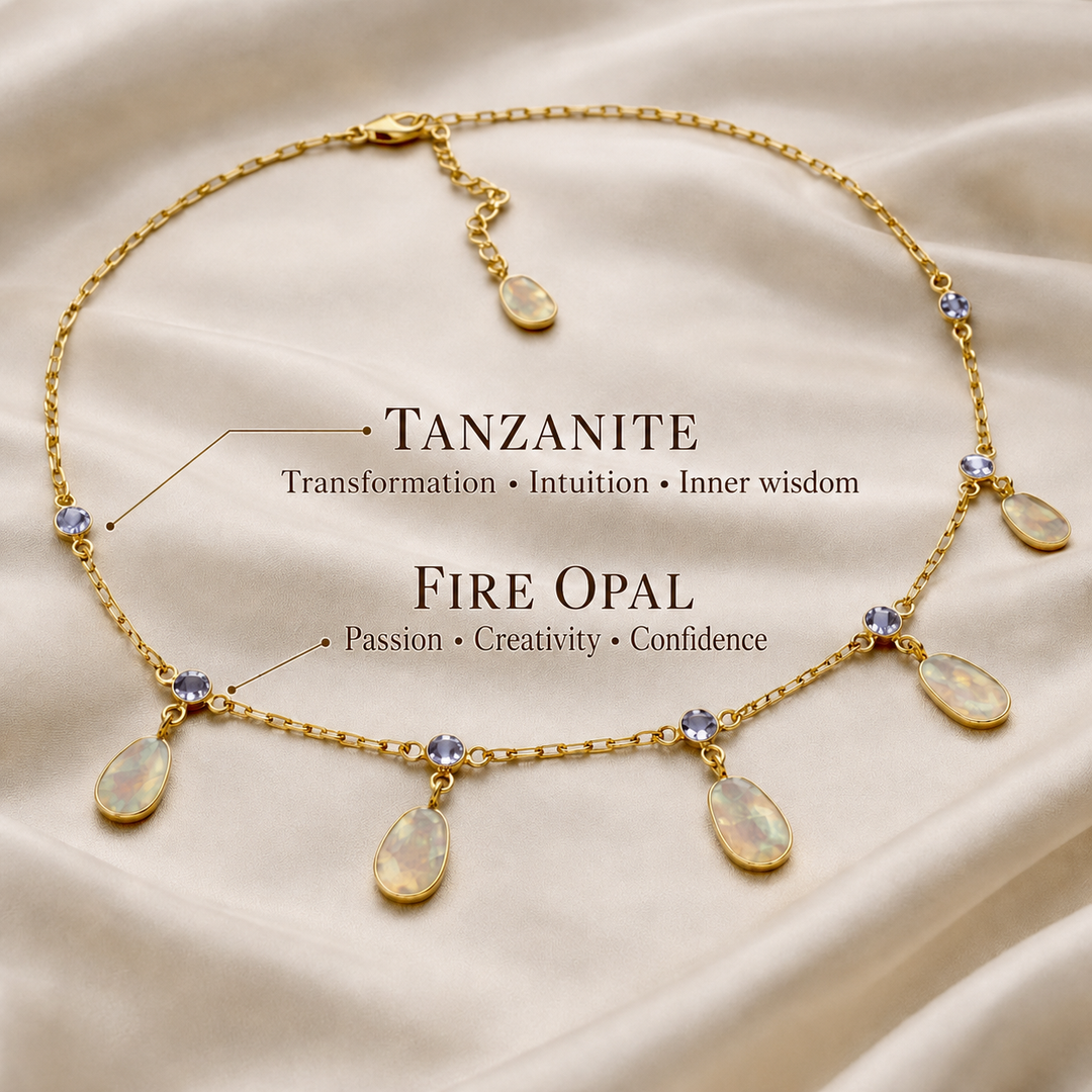 Celestial Glow Tanzanite and natural Fire Opal drop necklace in 18K gold-plated sterling silver by DanAmara Jewellery