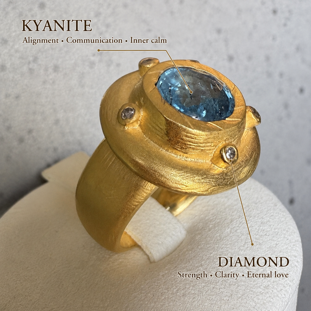 One-of-a-kind natural Kyanite and Diamond statement ring in 18K gold-plated sterling silver by DanAmara Jewellery