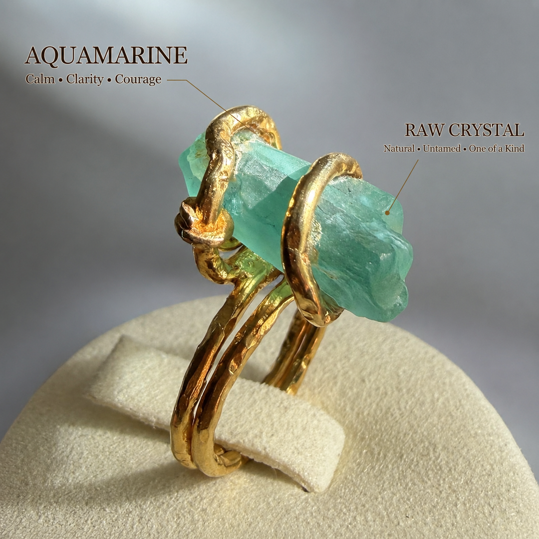 Natural raw aquamarine crystal wrap ring in 18k gold vermeil, handcrafted one-of-a-kind statement ring by DanAmara Jewellery