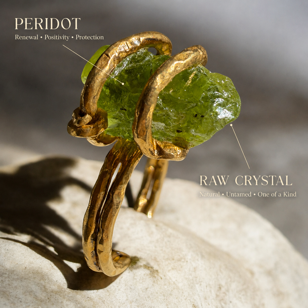 Natural raw peridot statement ring in 18k gold-plated sterling silver, handcrafted one-of-a-kind crystal ring by DanAmara Jewellery