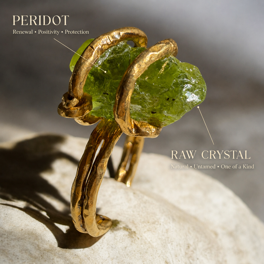 Natural raw peridot statement ring in 18k gold-plated sterling silver, handcrafted one-of-a-kind crystal ring by DanAmara Jewellery