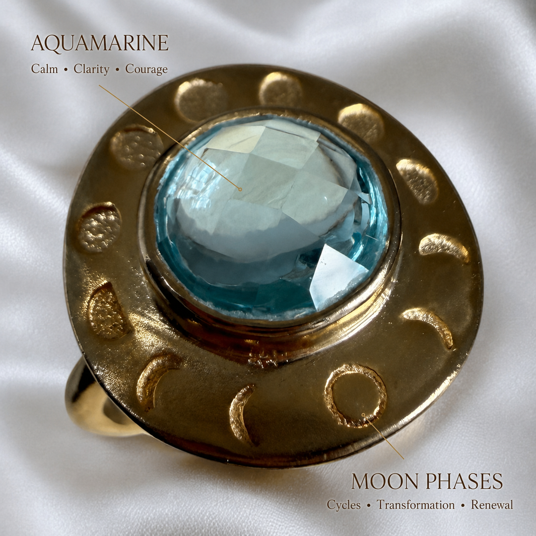 Moon Phase aquamarine statement ring in 18k gold-plated 925 sterling silver, handcrafted celestial gemstone ring by DanAmara Jewellery