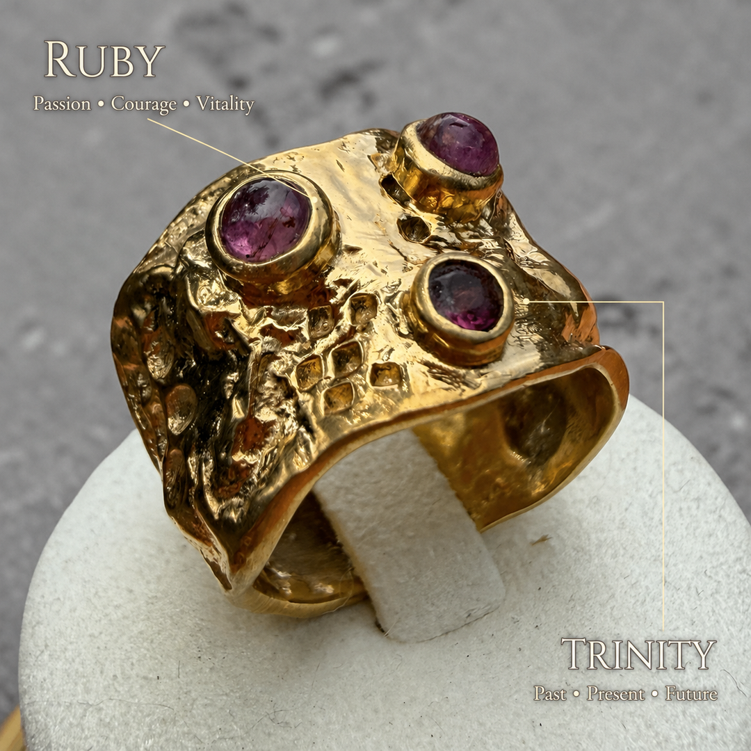 Ruby Trinity statement ring with three natural ruby gemstones and a sculptural hand-textured gold finish by DanAmara Jewellery