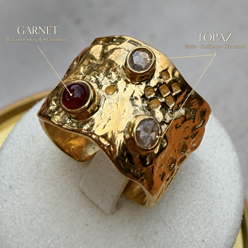 The Ember Relic garnet cabochon and topaz ornate statement ring with a sculptural hand-textured gold finish by DanAmara Jewellery