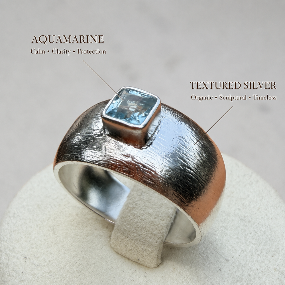 Aquamarine Sovereign Ring with natural square-cut aquamarine and textured 925 sterling silver by DanAmara Jewellery