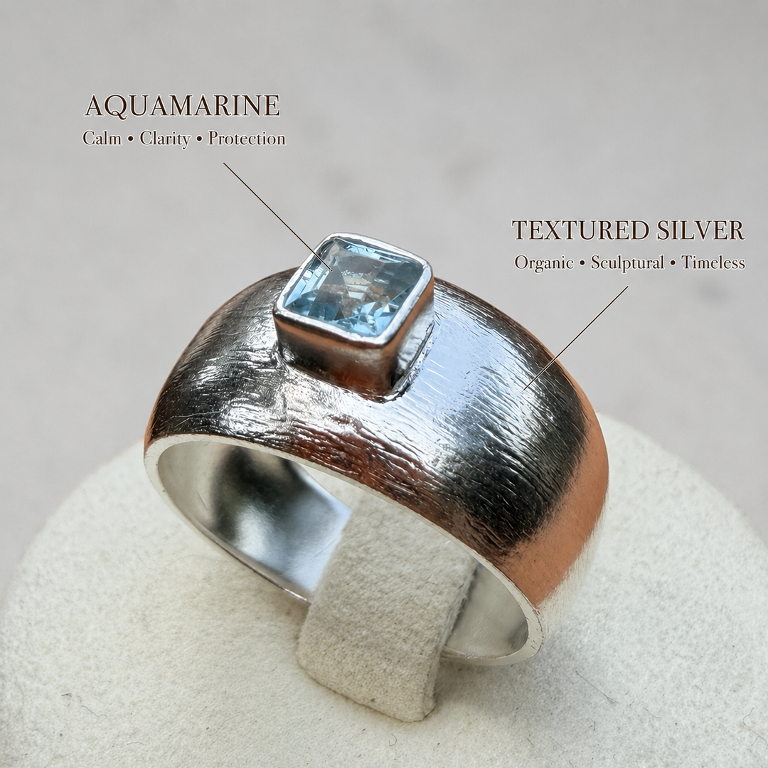 Aquamarine Sovereign Ring with natural square-cut aquamarine and textured 925 sterling silver by DanAmara Jewellery