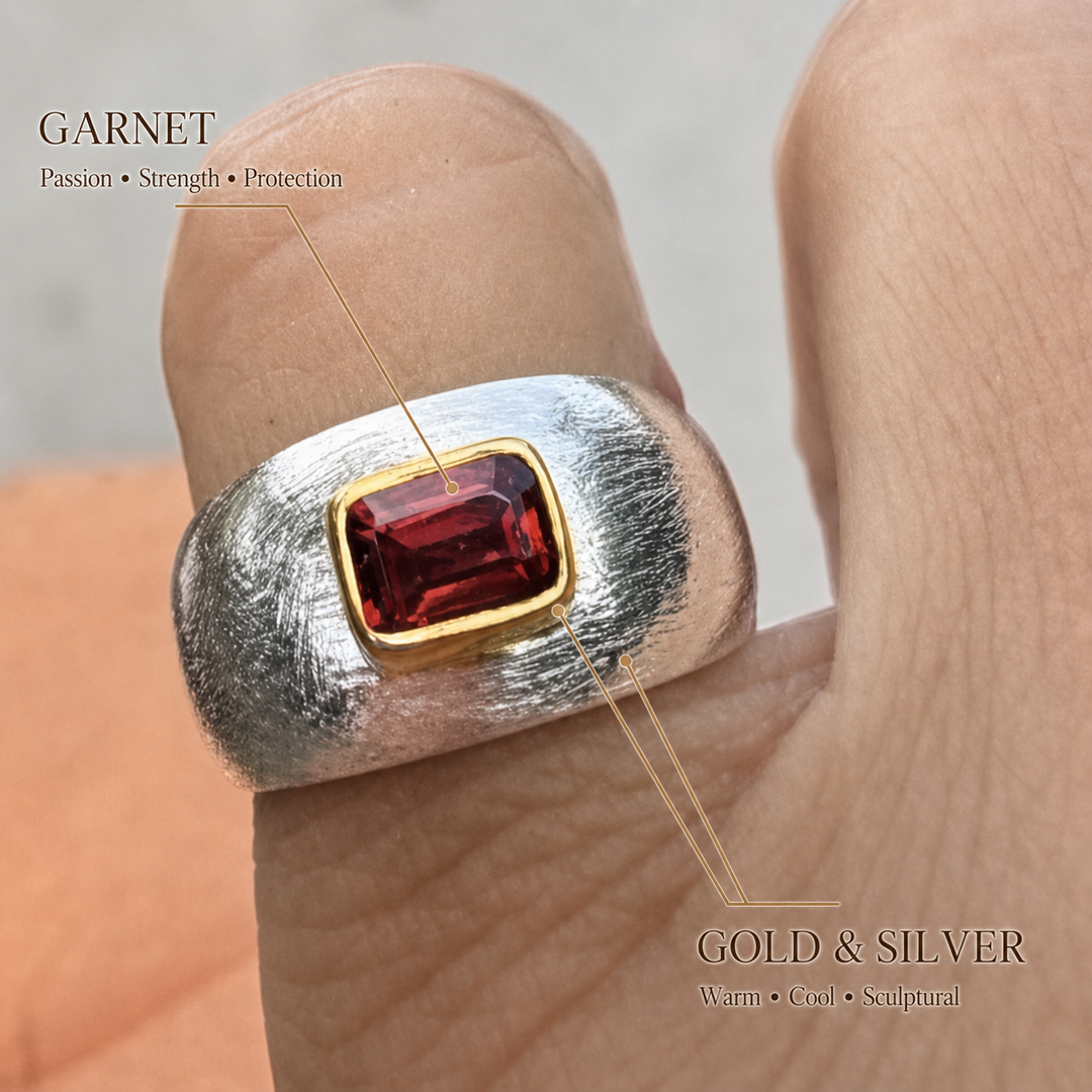 Crimson Garnet Sovereign Ring with natural rectangular garnet, 18k gold bezel and textured 925 sterling silver by DanAmara Jewellery