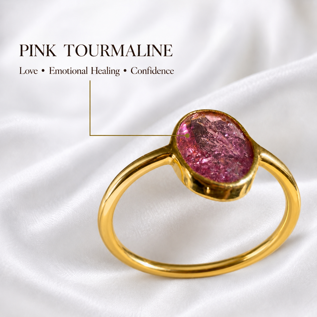 Natural Pink Tourmaline Gold Ring with Oval Gemstone, Handmade DanAmara Jewellery