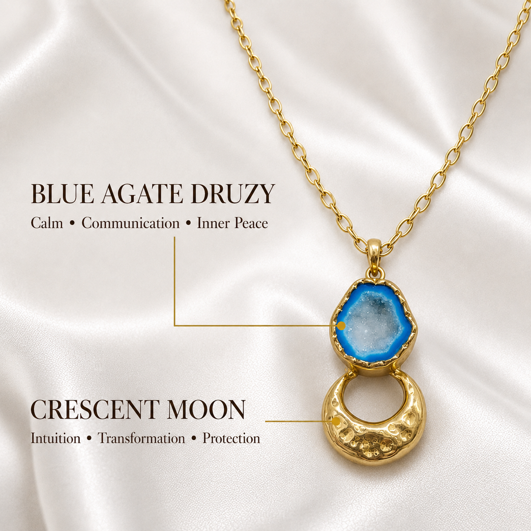 Moon Keeper Druzy Pendant Necklace  Blue Agate Druzy  18k Gold Plated