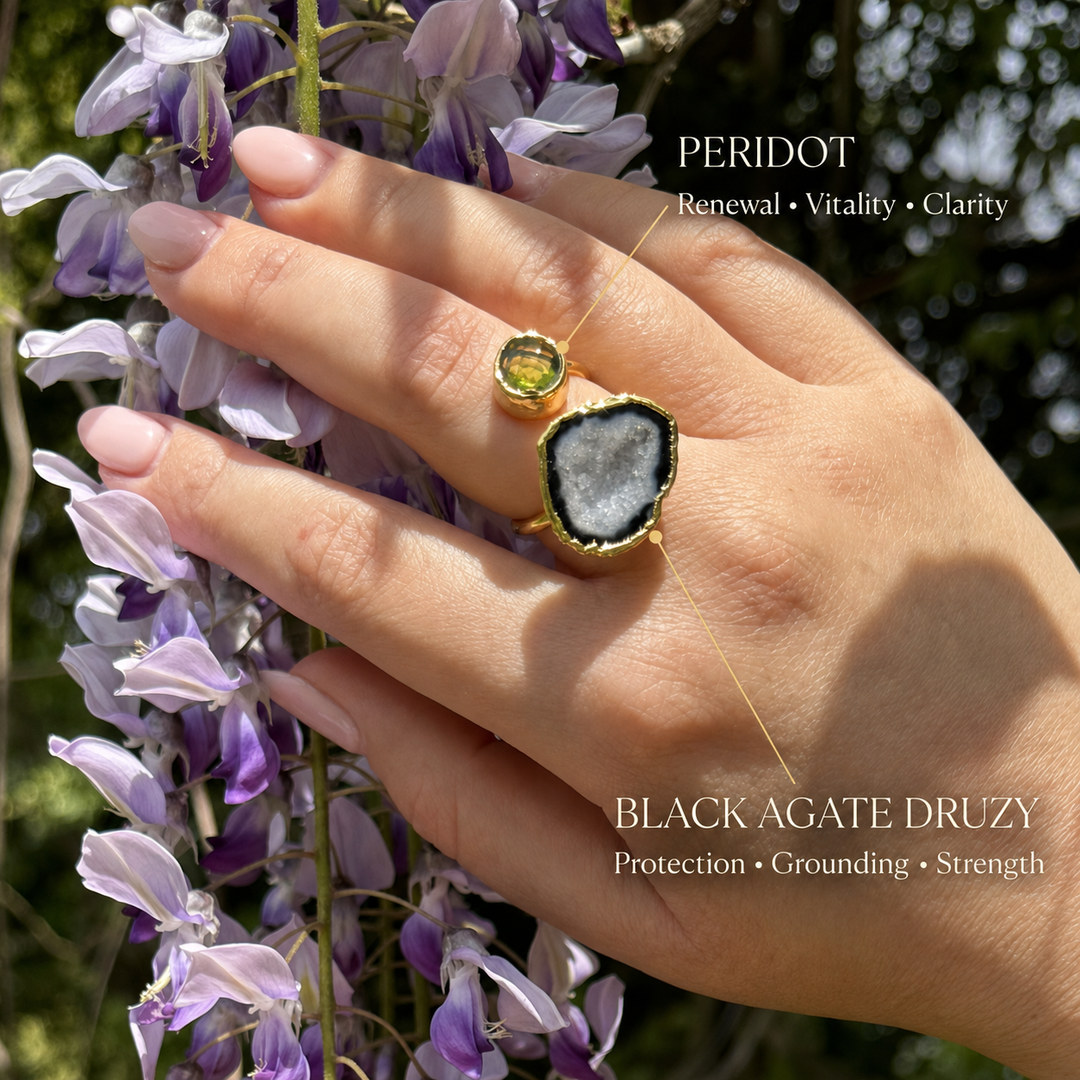 Eclipse & Earth Agate Druzy & Peridot Wrap Ring
