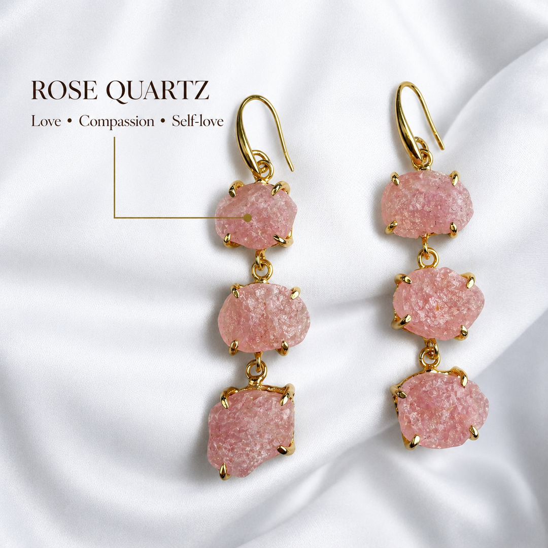 Three-tier raw Rose Quartz drop earrings with 18K gold plating by DanAmara Jewellery
