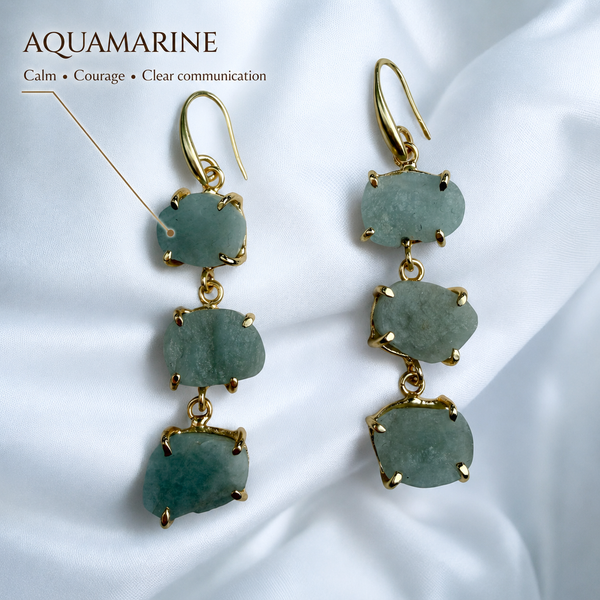 Three-tier raw Aquamarine drop earrings with 18K gold plating by DanAmara Jewellery