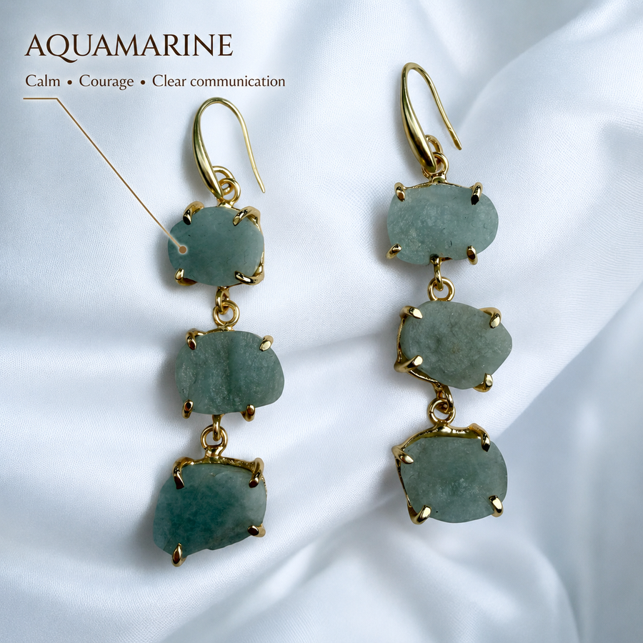 Three-tier raw Aquamarine drop earrings with 18K gold plating by DanAmara Jewellery