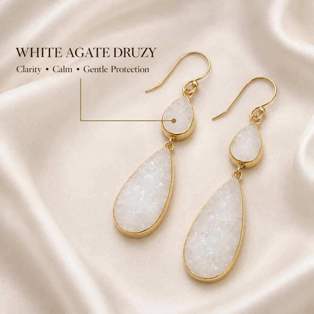 Natural White Sugar Druzy Teardrop Earrings in an Ornate Gold Setting