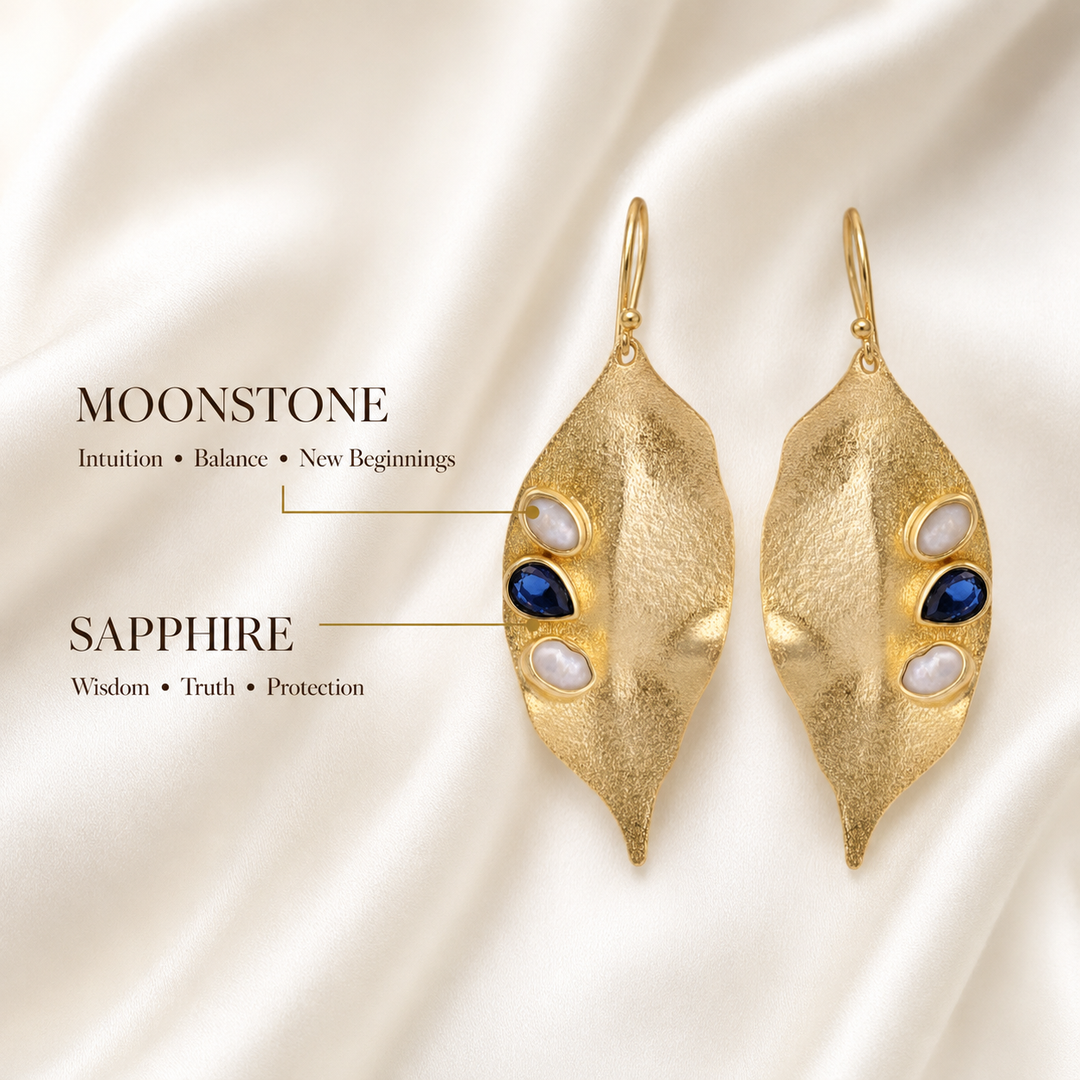 Natural Moonstone and Deep Blue Sapphire 18K Gold Plated Statement Earrings