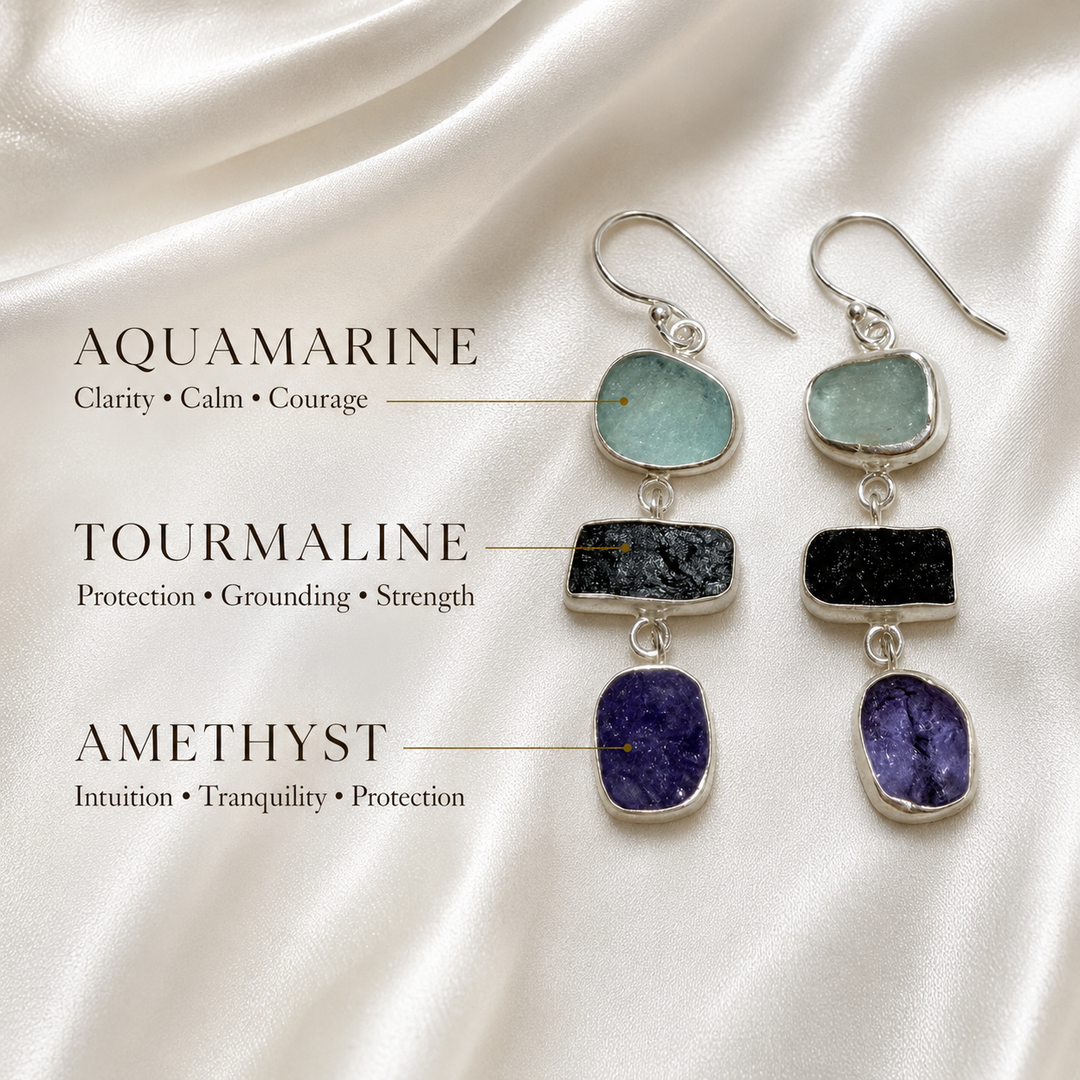 Three-Tier Aquamarine, Black Tourmaline and Amethyst Sterling Silver Earrings