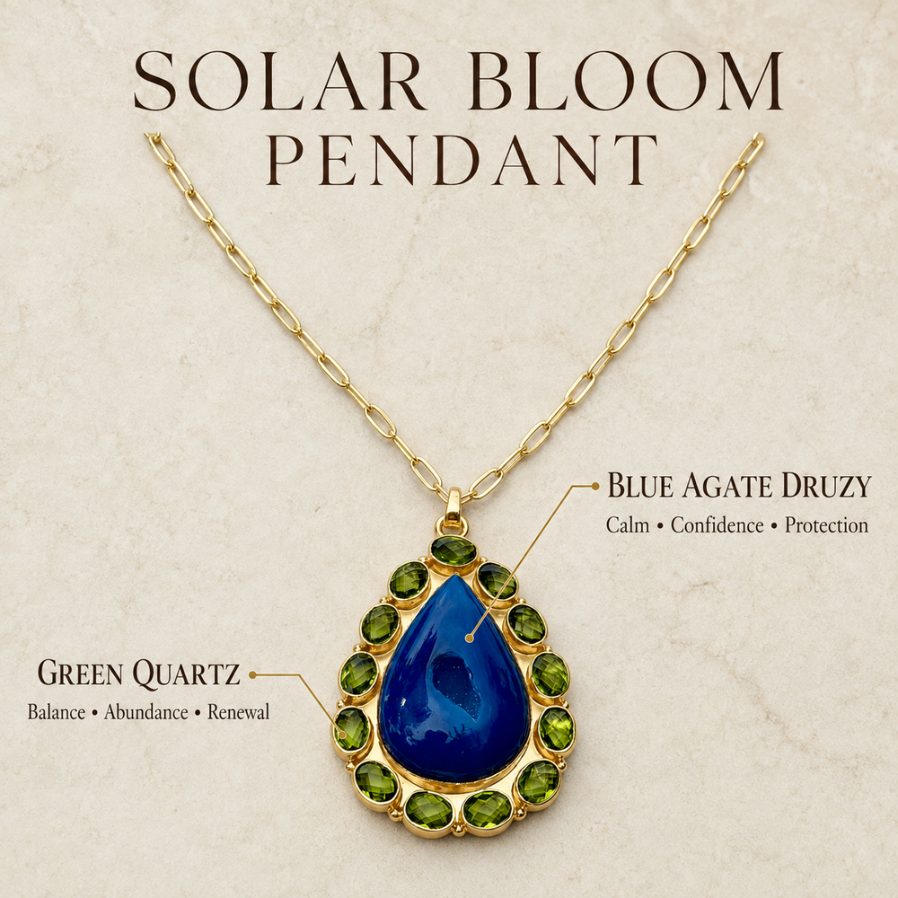 Blue Agate Druzy teardrop pendant surrounded by natural green Quartz gemstones