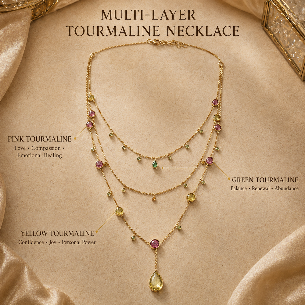 Handcrafted pink, green and yellow Tourmaline gemstone necklace with teardrop pendant