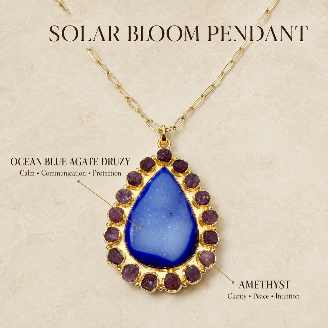 Handcrafted blue Agate and Amethyst necklace with an 18k gold plated paperclip chain