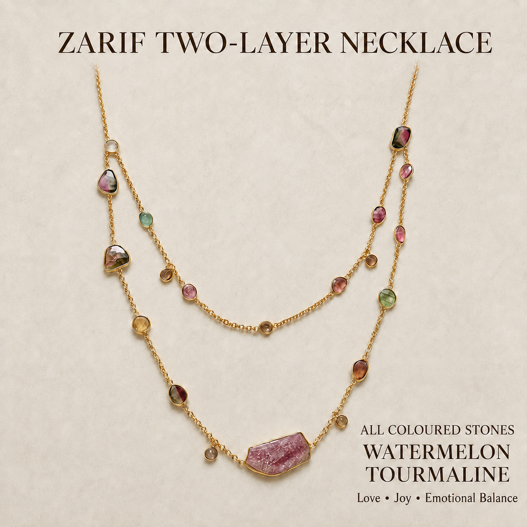 Handcrafted Zarif layered necklace with pink and green Watermelon Tourmaline stones