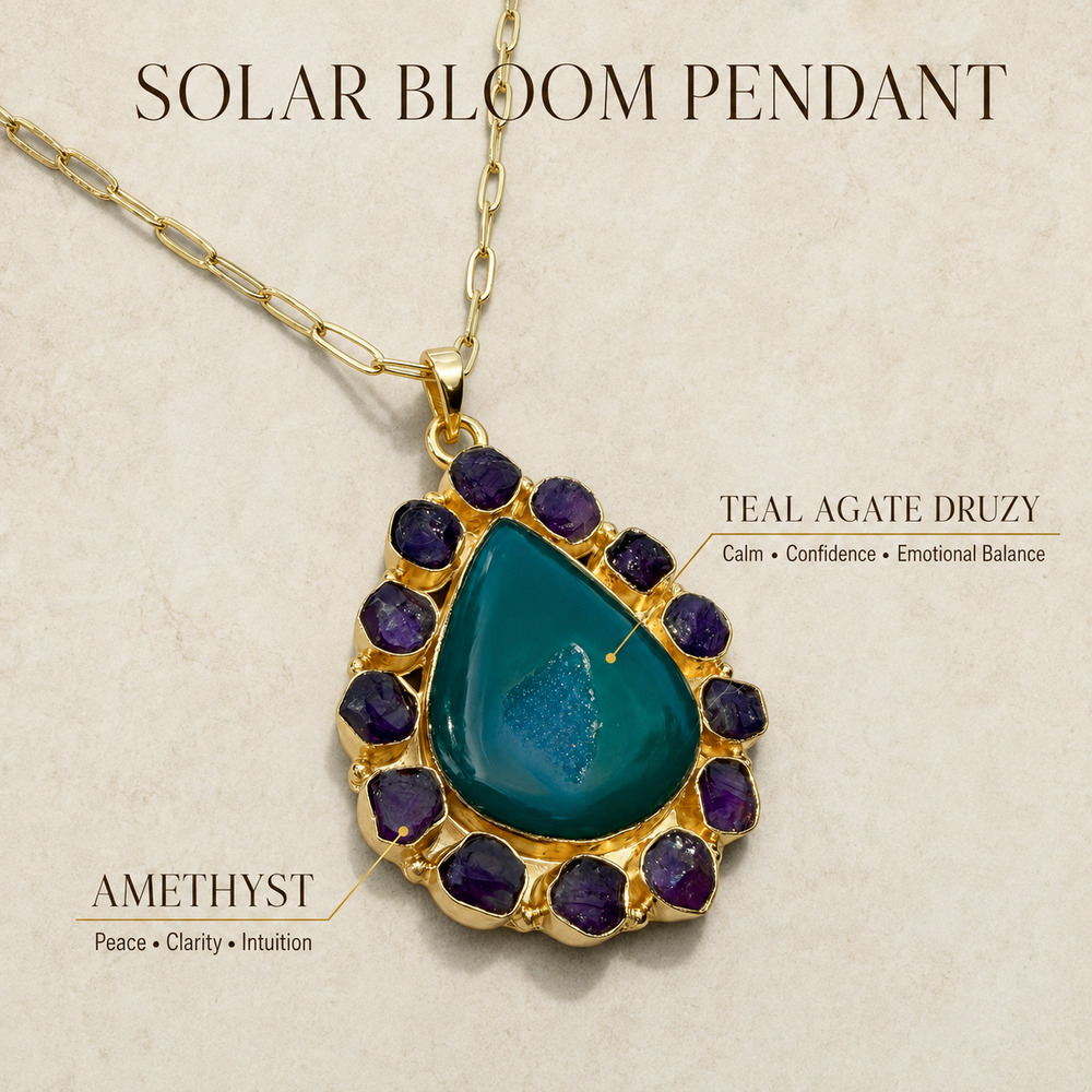 DanAmara Solar Bloom luxury Teal Druzy and purple Amethyst gemstone necklace