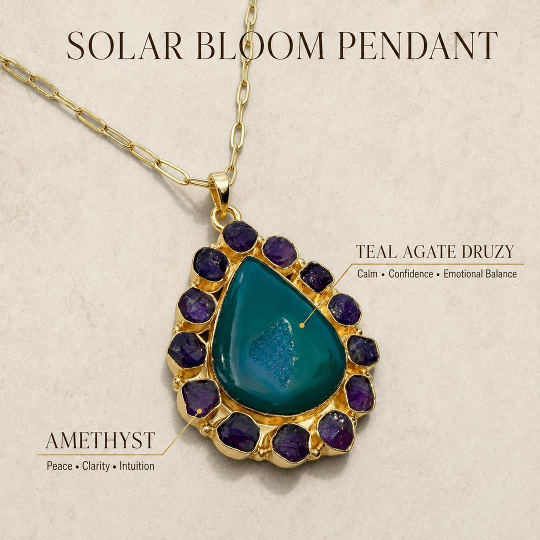 DanAmara Solar Bloom luxury Teal Druzy and purple Amethyst gemstone necklace