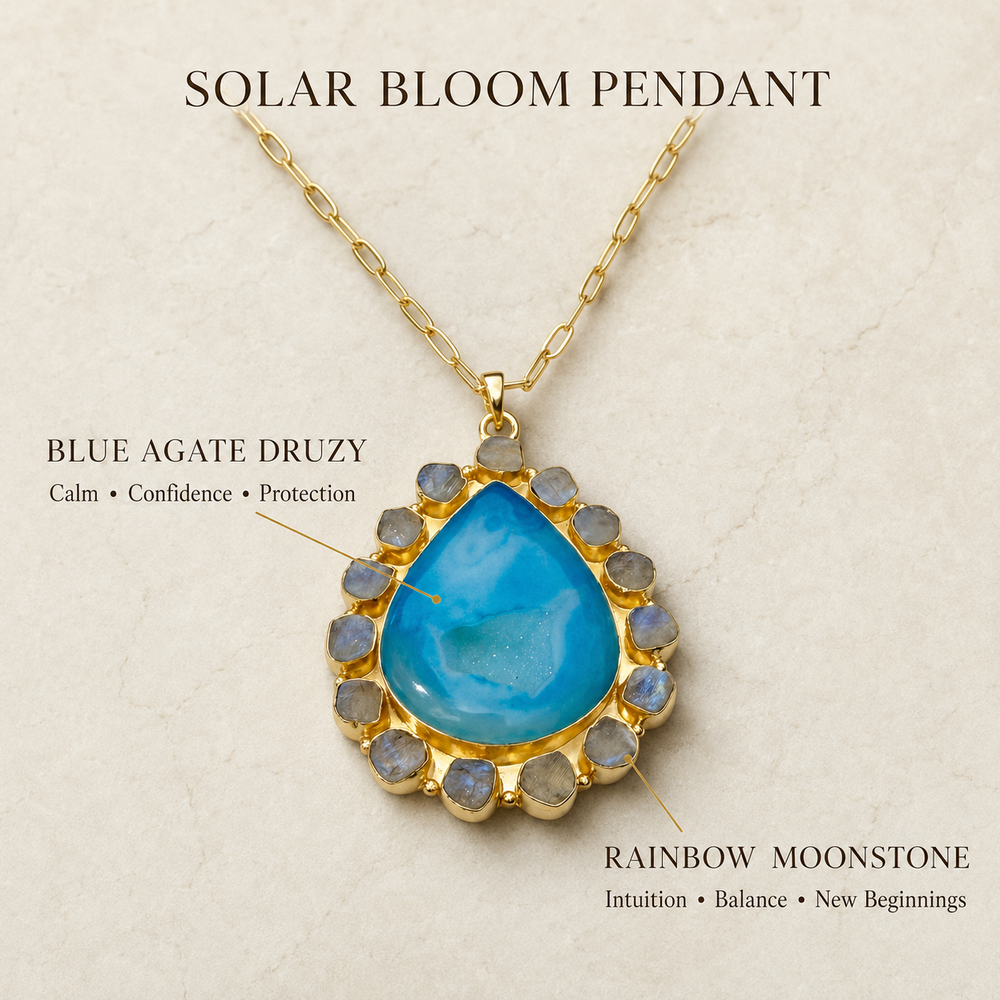 Solar Bloom Blue Agate Druzy necklace surrounded by natural raw Rainbow Moonstones