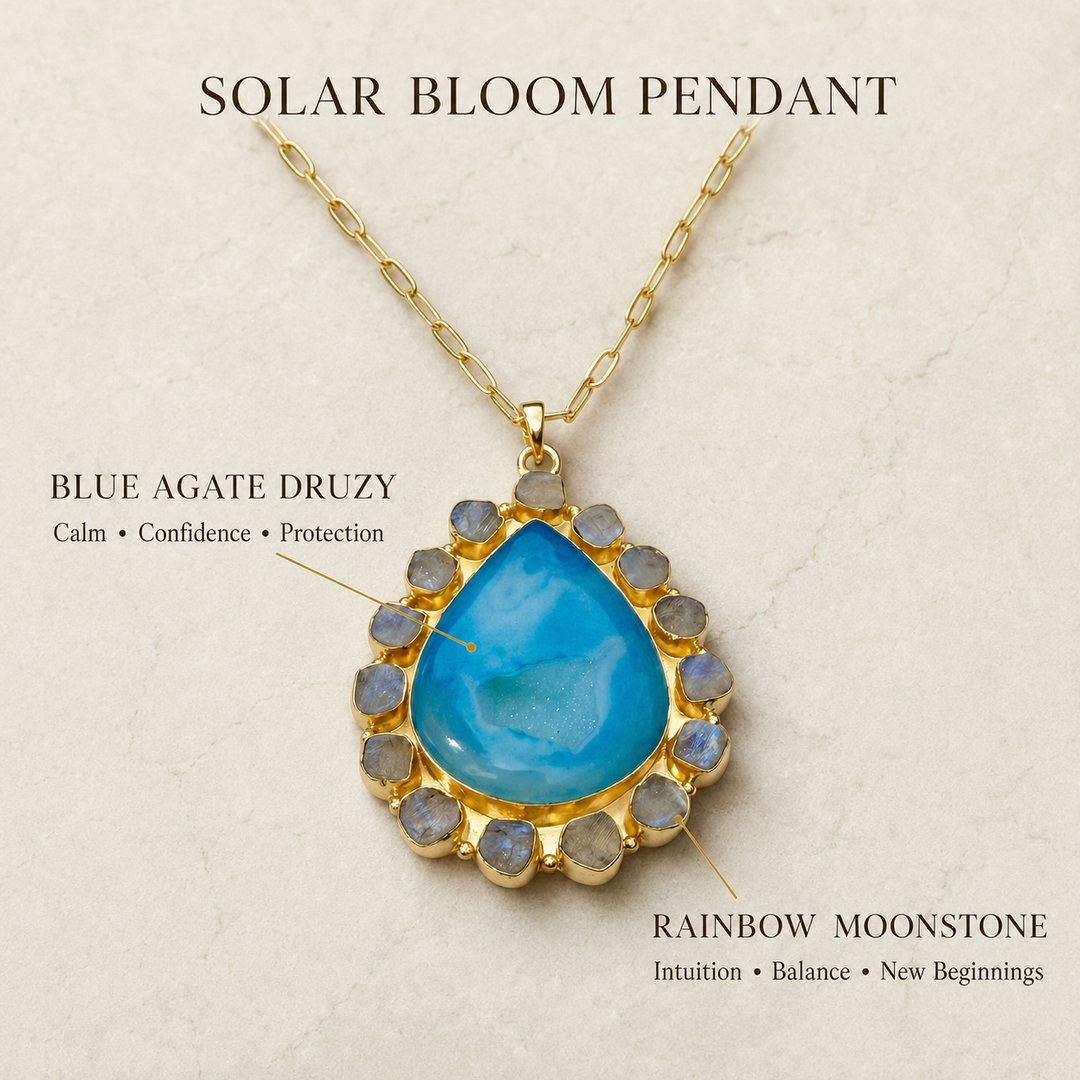 Solar Bloom Blue Agate Druzy necklace surrounded by natural raw Rainbow Moonstones