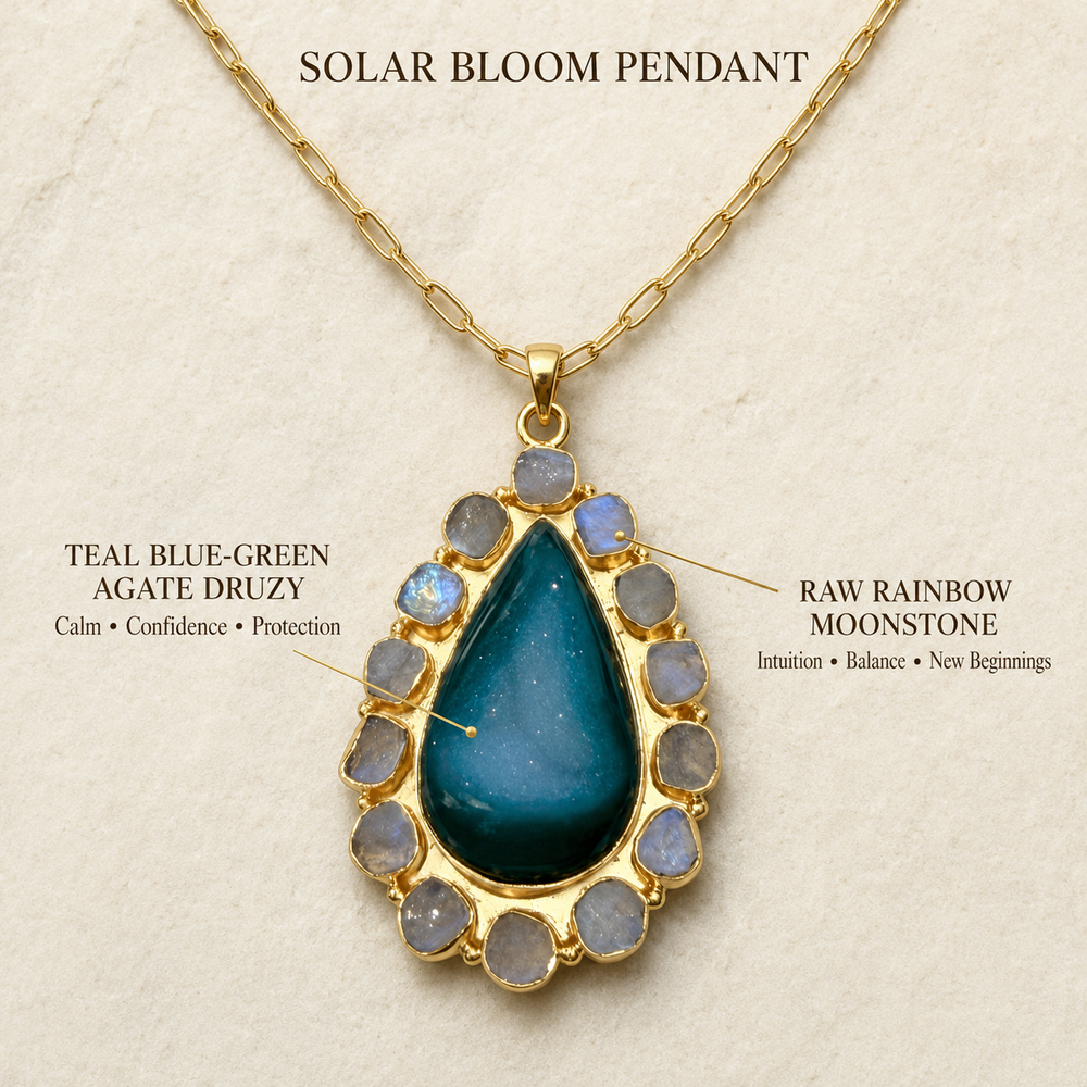 Teal Agate Druzy statement necklace with natural Rainbow Moonstone gemstones